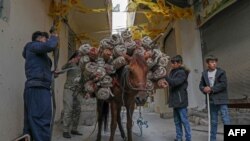 Men use a horse to transport torches during celebrations of the Persian new year Nowruz (Noruz) in the town of Akra, about 100 kilometers north of Arbil, in Iraq&#39;s northern autonomous Kurdish region.