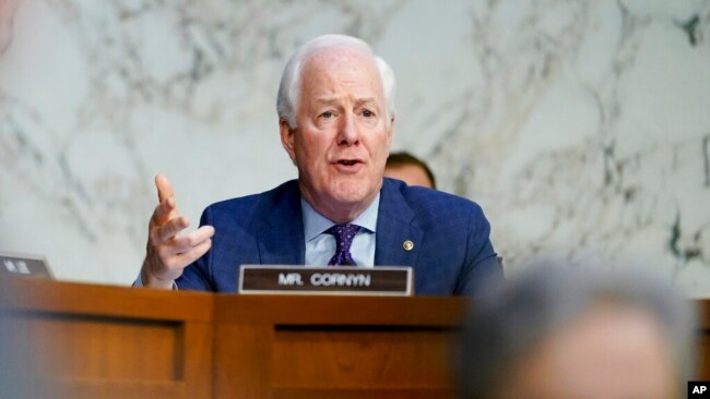 FILE - Sen. John Cornyn speaks during a hearing on Capitol Hill in Washington, March 22, 2022.