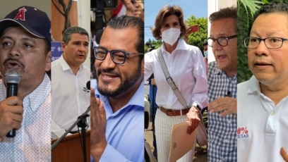 Seis de los siete precandidatos detenidos en Nicaragua. [Composición fotográfica de VOA]