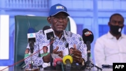 Teodoro Obiang Nguema Mbasogo, président de Guinée équatoriale lors d'une conférence de presse dans la salle des congrès de Bata, en Guinée équatoriale, le 25 novembre 2021.