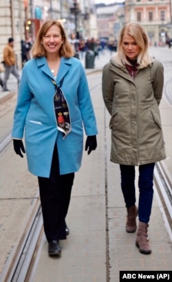 Kristina Kvien, United States Chargé d'affaires ad interim to Ukraine, left, walks with ABC News Chief Global Affairs Correspondent Martha Raddatz in the Ukraine.
