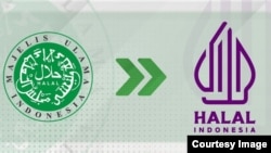 Label Halal MUI (kiri) dan Label Halal Indonesia yang mulai berlaku 1 Maret 2022. (Foto courtesy: Kemenang RI) 