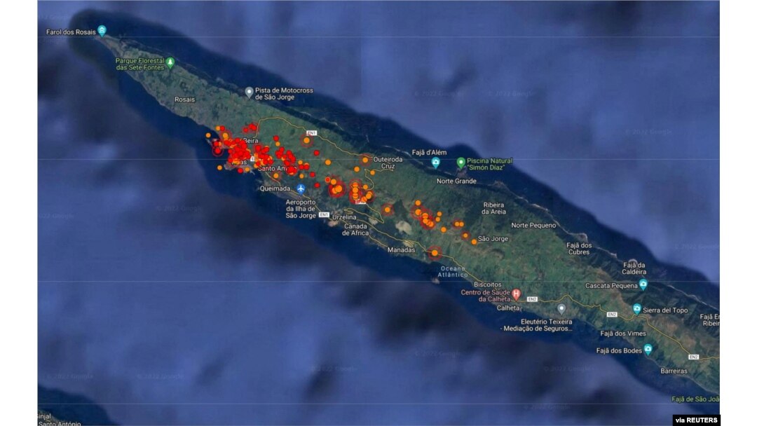 FILE - Satellite map shows seismic activity at Sao Jorge island after around 1,100 small earthquakes have rattled one of Portugal's mid-Atlantic volcanic islands in less than 48 hours in Azores islands, Portugal. March 21, 2022.