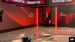 Damage to the Kurdistan 24 Satellite Channel studios is seen Irbil, Iraq on Sunday, March 13, 2022.