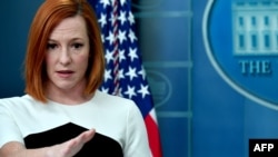 Juru bicara Gedung Putih Jen Psaki berbicara dalam konferensi pers di Gedung Putih, Washington, pada 14 Maret 2022. (Foto: AFP/Nicholas Kamm)