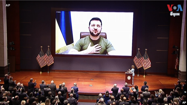 Ukrainian President Volodymyr Zelenskyy gives a speech to the U.S. Congress by video on March 16, 2022.