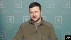 Ukrainian President Volodymyr Zelenskyy speaks in Kyiv, Ukraine, in this image from video provided by the Ukrainian Presidential Press Office and posted on Facebook, March 15, 2022.
