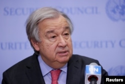 FILE - United Nations Secretary-General Antonio Guterres speaks to the media regarding Russia's invasion of Ukraine, at the United Nations Headquarters in New York City, U.S., March 14, 2022.