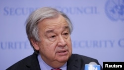 FILE - United Nations Secretary-General Antonio Guterres speaks to the media regarding Russia's invasion of Ukraine, at the United Nations Headquarters in New York City, U.S., March 14, 2022.