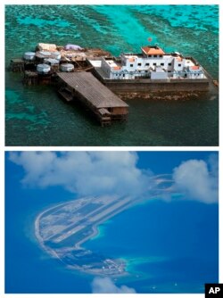 中国在有争议的南中国海海域美济礁上修建的建筑物的对比照片：上图是1999年2月8日拍摄的；下图是2022年3月20日拍摄的。