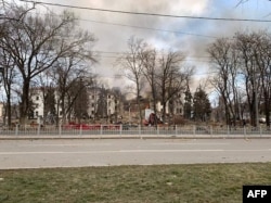 This picture published March 16, 2022, on the Telegram account of regional governor Pavlo Kirilenko shows the theater destroyed by shelling in Mariupol. As of March 18, 130 people had been rescued from the theater’s basement, Ukrainian officials said, but