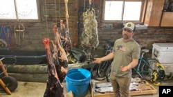 Jaden Bales stands near mule deer meat hanging in his garage Thursday, March 3, 2022, south of Lander, Wyoming. (AP Photo/Mead Gruver)