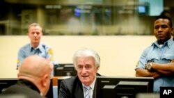 L'ex-chef de guerre serbe de Bosnie Radovan Karadzic en salle d'audience à la lecture de son verdict au Tribunal pénal international pour l'ex-Yougoslavie (TPIY) à La Haye, Pays-Bas jeudi 24 mars 2016.