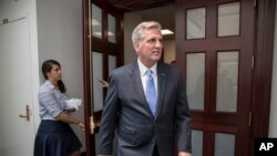 House Majority Leader Kevin McCarthy of California, emerges from a House Republican Conference meeting on Capitol Hill in Washington, July 28, 2017.