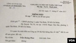 Thông báo về việc "bắt bị can để tạm giam," Công An Hà Nội.