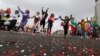 Participants take part in the women's 'Beauty Run' in Minsk, Belarus, March 8, 2020. 