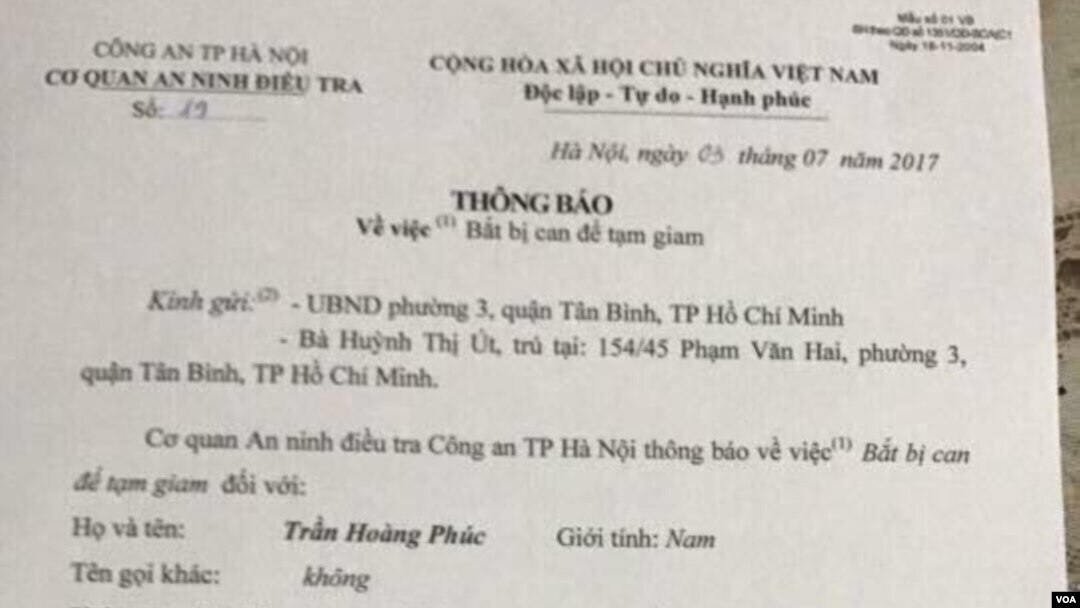 Thông báo về việc "bắt bị can để tạm giam," Công An Hà Nội.