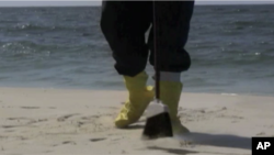 A volunteer sweeps oil from a beach in Florida