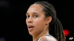 FILE - Phoenix Mercury center Brittney Griner is shown during the first half of Game 2 of basketball's WNBA Finals against the Chicago Sky, Oct. 13, 2021, in Phoenix, Arizona. 