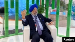 FILE - India's Minister of Petroleum and Natural Gas Hardeep Singh Puri speaks during an interview with Reuters in Abu Dhabi, United Arab Emirates, November 15, 2021.