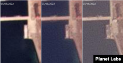 북한 금강산 관광지구에 위치한 해금강호텔을 촬영한 위성사진. 5일(왼쪽부터)까지만 해도 온전한 모습이지만 9일과 15일 위성사진을 통해 해체 작업이 상당 부분 진행됐다는 사실을 알 수 있다. 자료=Planet Labs