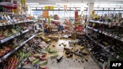 This picture shows a supermarket littered with merchandise in Shiroishi, Miyagi prefecture on March 17, 2022 after a 7.3-magnitude earthquake jolted east Japan the night before. 
