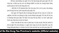 Công văn về "không bài tập trong dịp Tết" của Sở GD-ĐT Bà Rịa-Vũng Tàu, 26/1/2021