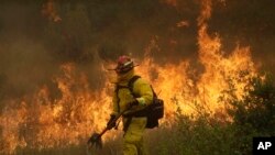 Seorang pemadam kebakaran dari Cal Fire Mendocino Unit berjalan di sekitar jalur penahan ketika api terus meluas di Lakeport, California, 30 Juli 2018.
