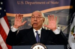 Former Secretary of State Colin Powell speaks at a reception celebrating the completion of the U.S. Diplomacy Center Pavilion at the State Department in Washington, Jan. 10, 2017.