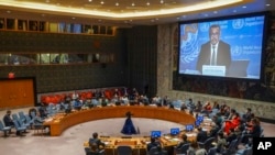 World Health Organization Director General Dr. Tedros Adhanom Ghebreyesus reports by video on the humanitarian crisis in Ukraine, during a meeting of the U.N. Security Council, March 17, 2022, at U.N. headquarters.