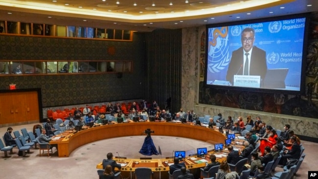 Tiến sỹ Tedros Adhanom Ghebreyesus, giám đốc Tổ chức Y tế Thế giới, báo cáo về cuộc khủng hoảng nhân đạo ở Ukraine trước Hội đồng Bảo an Liên Hiệp Quốc hôm 17/3
