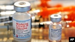 FILE - Vials for the Moderna and Pfizer COVID-19 vaccines are seen at a temporary clinic in Exeter, New Hampshire, Feb. 25, 2021