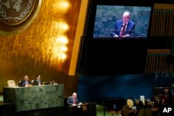 Vassily Nebenzia, permanent representative of Russia to the United Nations, speaks during a meeting of the U.N. General Assembly, at United Nations headquarters, March 23, 2022.