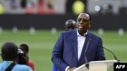 Rais wa Senegal Macky Sall akitoa hotuba wakati wa ufunguzi wa uwanja wa michezo huko Diamniadio, nje ya mji mkuu Dakar, February 22, 2022. Picha ya AFP