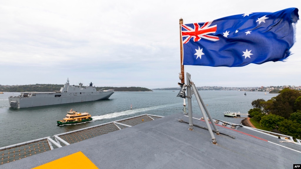 The Royal Australian Navy's Adelaide-class frigate is moored in the Port of Brisbane.  (January 18, 2022)