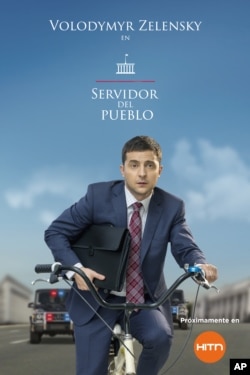 A poster from the "Servant of The People" television series starring Ukrainian President Volodymyr Zelenskyy. (Business Wire via AP)