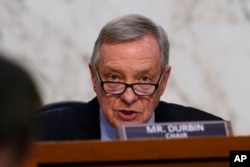 FILE - Sen. Dick Durbin, D-Ill., speaks during a Senate hearing on Capitol Hill, March 22, 2022, in Washington.