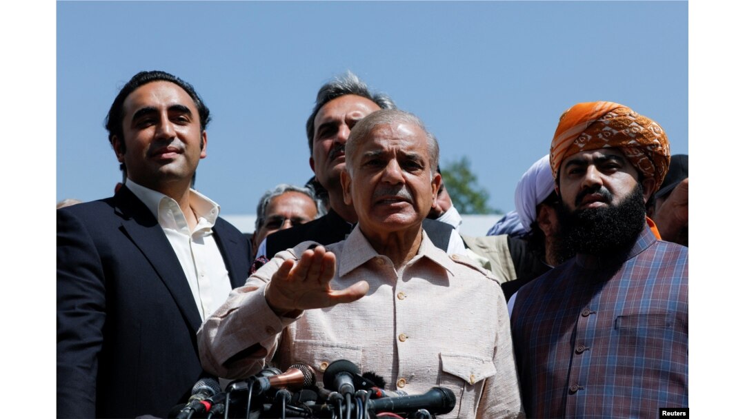 Leader of the opposition parties Mian Muhammad Shehbaz Sharif, brother of ex-prime minister Nawaz Sharif, addresses a news conference outside the parliament building, in Islamabad, Pakistan, March 25, 2022.
