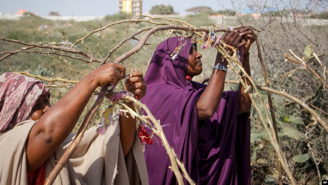 FILE - Somali women who fled drought-stricken areas build shelters near Mogadishu, Somalia, Feb. 4, 2022. International Women's Day on March 8, 2025, honors women worldwide for their resilience amid conflict. This year's theme calls for action that unlocks equal rights for all.