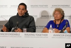 Inuit community President Natan Obed, left, and Martha Greig of the Inuit community attend a press conference in Rome, March 28, 2022, after meeting with Pope Francis at The Vatican.