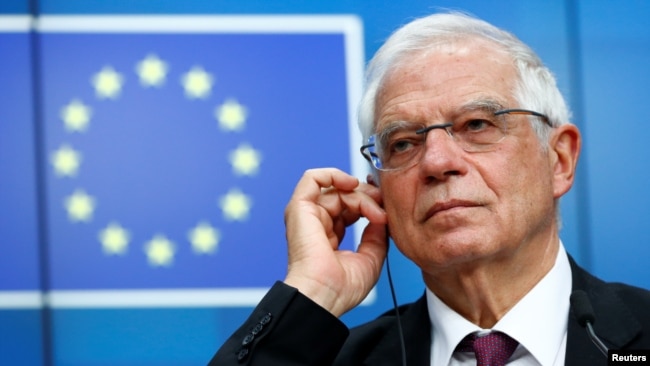 FILE - Josep Borrell, High Representative for Foreign Affairs and Security Policy and Vice-President of the European Commission holds a news conference after meeting to discuss ways to try to save the Iran nuclear deal, in Brussels, Belgium, Jan. 10, 2020.