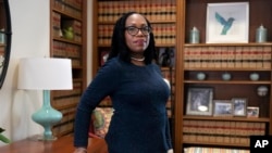 FILE - Judge Ketanji Brown Jackson, a U.S. Circuit Judge on the U.S. Court of Appeals for the District of Columbia Circuit, poses for a portrait, Feb., 18, 2022, in her office at the court in Washington.