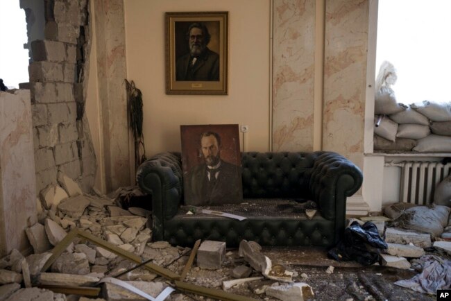 Rubble fills the regional administration building, heavily damaged after a Russian attack earlier this month in Kharkiv, Ukraine, March 24, 2022.
