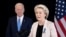 US President Joe Biden listens while European Commission President Ursula von der Leyen makes a statement about Russia in Brussels, on March 25, 2022. 