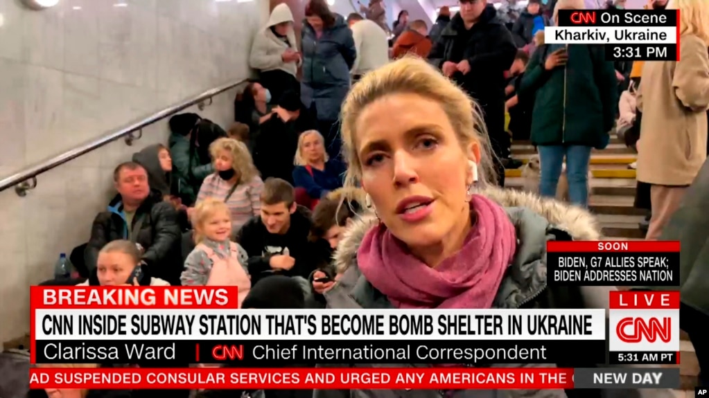 This image taken from video provided by CNN shows Chief International Correspondent Clarissa Ward reporting from inside a subway station in Kharkiv, Ukraine. (CNN via AP)