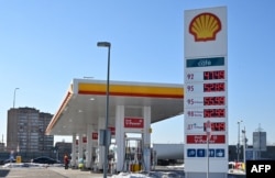 FILE - A Shell petrol station is seen in the town of Klimovsk outside Moscow, March 9, 2022.