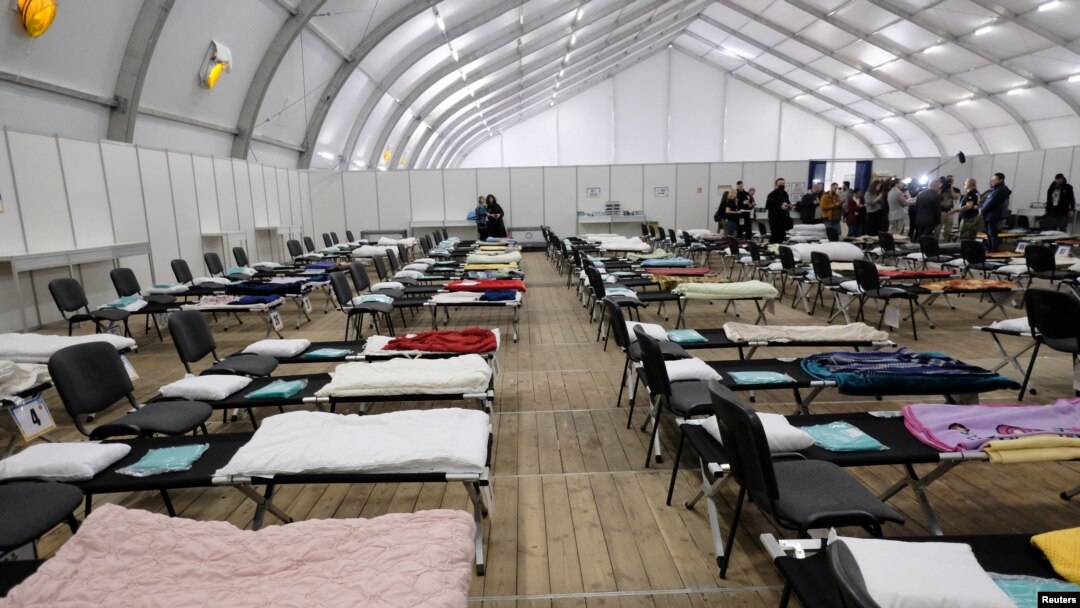 A general view of a humanitarian aid tent for people fleeing Ukraine, amid Russia's invasion, in Warsaw, Poland, March 22, 2022.