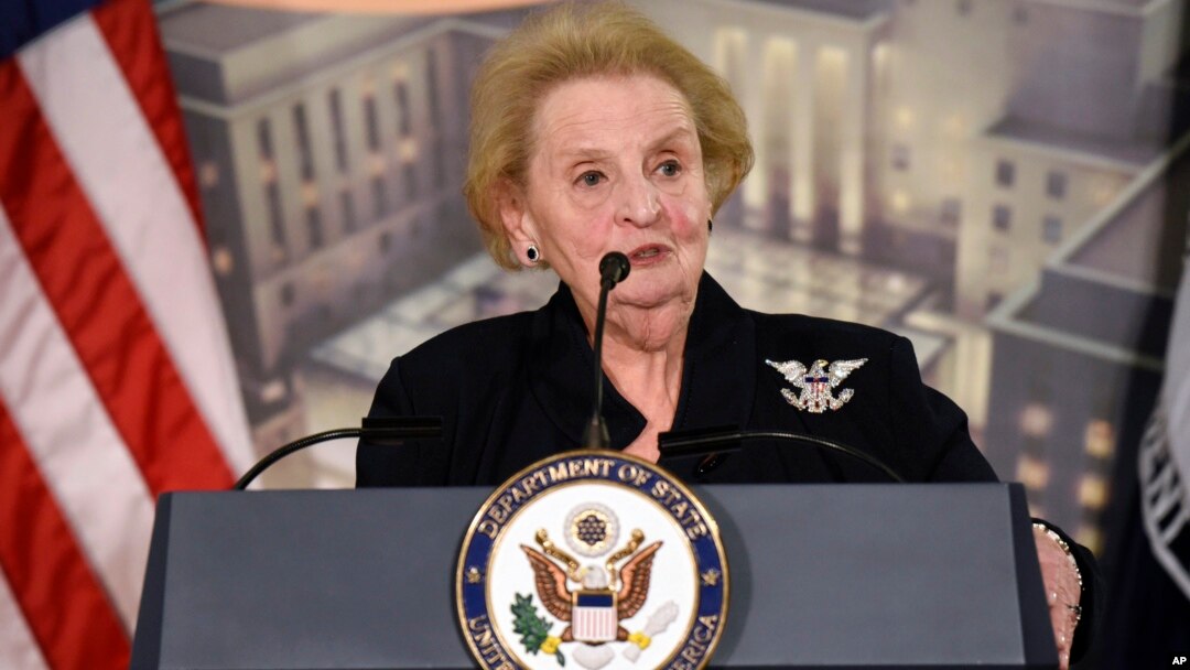 FILE - Former U.S. Secretary of State Madeleine Albright speaks at a reception celebrating the completion of the U.S. Diplomacy Center Pavilion at the State Department in Washington, Jan. 10, 2017. 