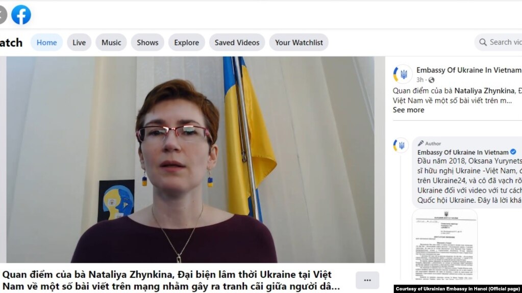 Charge d'Affaires Nataliya Zhynkina speaks on Facebook page of the Ukraininan Embassy in Hanoi, 03/21/2022.