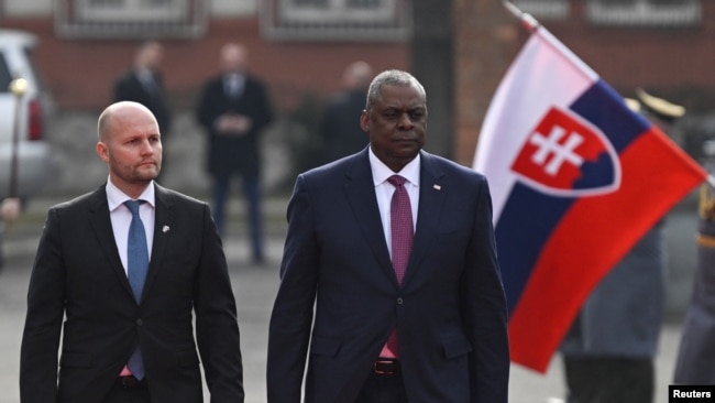 Slovakia's Defense Minister Jaroslav Nad walks with U.S. Secretary of Defense Lloyd Austin at the Ministry of Defense of the Slovak Republic in Bratislava, Slovakia, March 17, 2022.